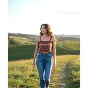 Cleo + Wolf Sweater Tank Womens Medium Brown Fair Isle Knit Cropped Boho